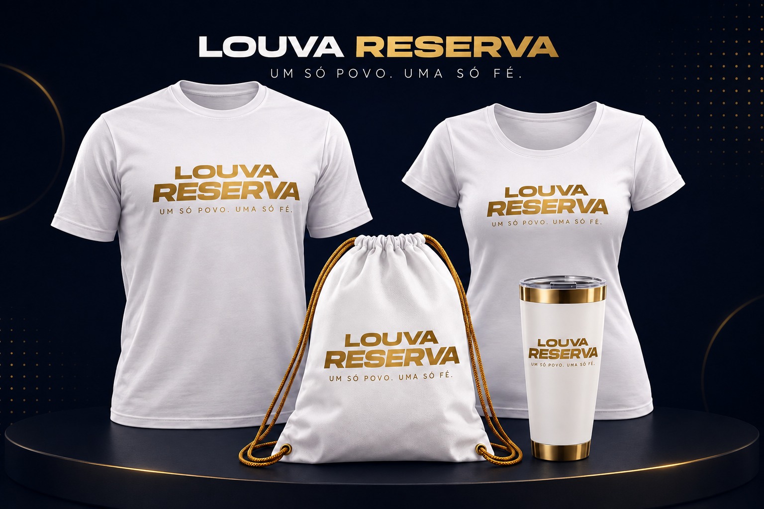 Kit oficial Louva Reserva: camisa masculina, camisa feminina, sacochila e copo térmico